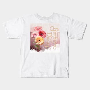 Vintage Gerbera Daisy and intricate text.  Background with watercolor art Kids T-Shirt